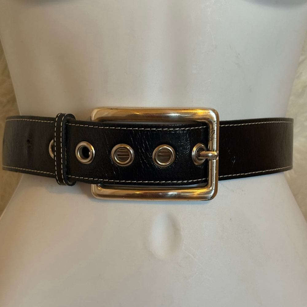 Women's DKNY Small Black White Stitch Leather Glazed Calf Belt Small - Picture 11 of 16